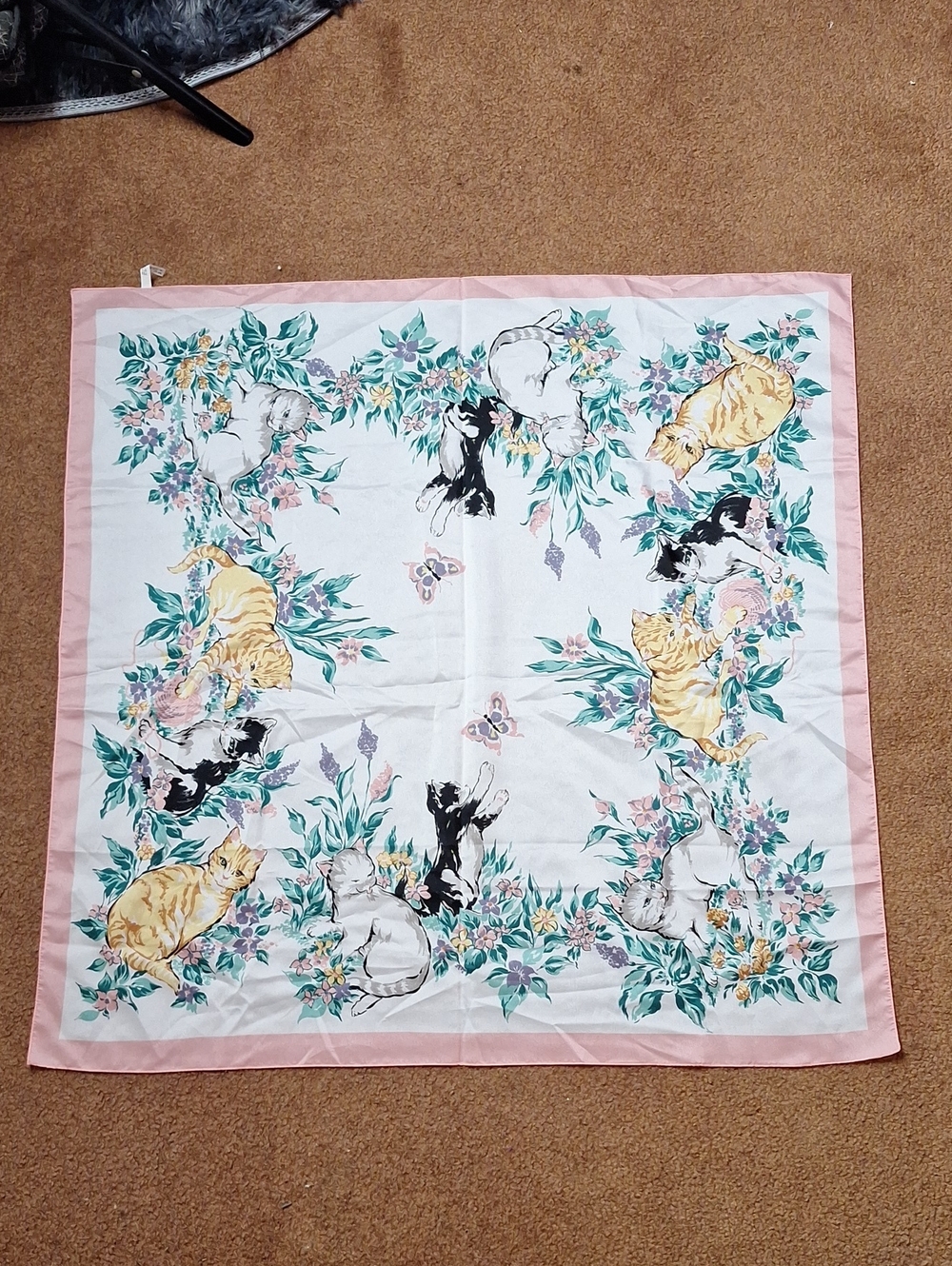 Avon Floral Cat Print Scarf in Pink, Teal, Yellow